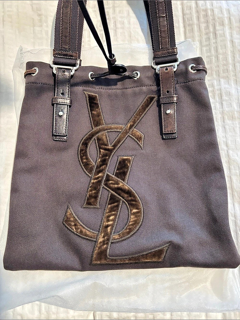 Saint Laurent Drawstring Tote Brown Logo Bag